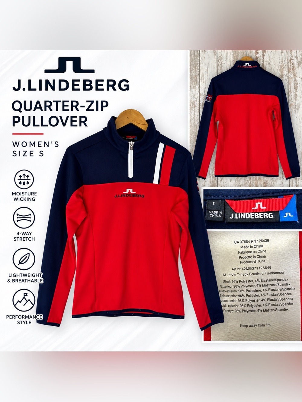 J.Lindeberg Red & Navy Quarter-Zip Pullover Women’s Size S